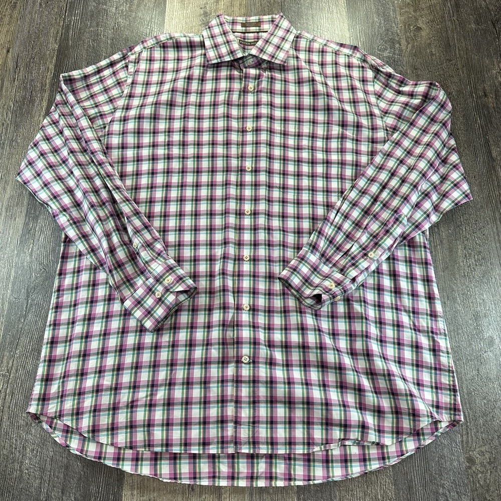 Peter Millar Shirt Mens X-Large Pink Plaid Cotton Long Sleeve Button Up Casual